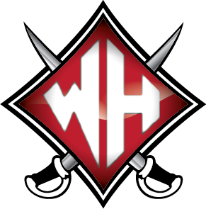 Wade Hampton High School Logo Full Color.  The design shows a red diamond shield, with a large W and H in the center. Behind the diamond shield are silver swords crossing in an x pattern.